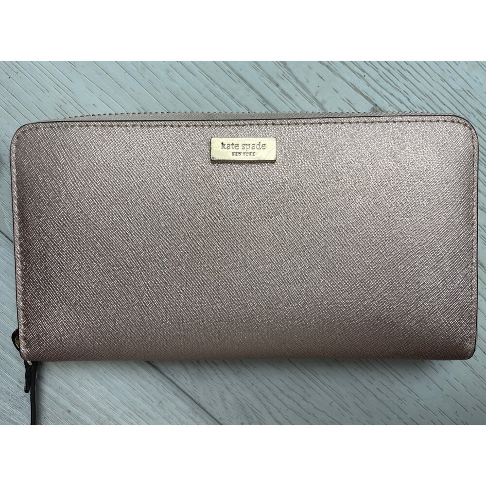 Kate Spade Newbury Lane Neda Zip Around Wallet Clutch Metallic Rose Gold Pink